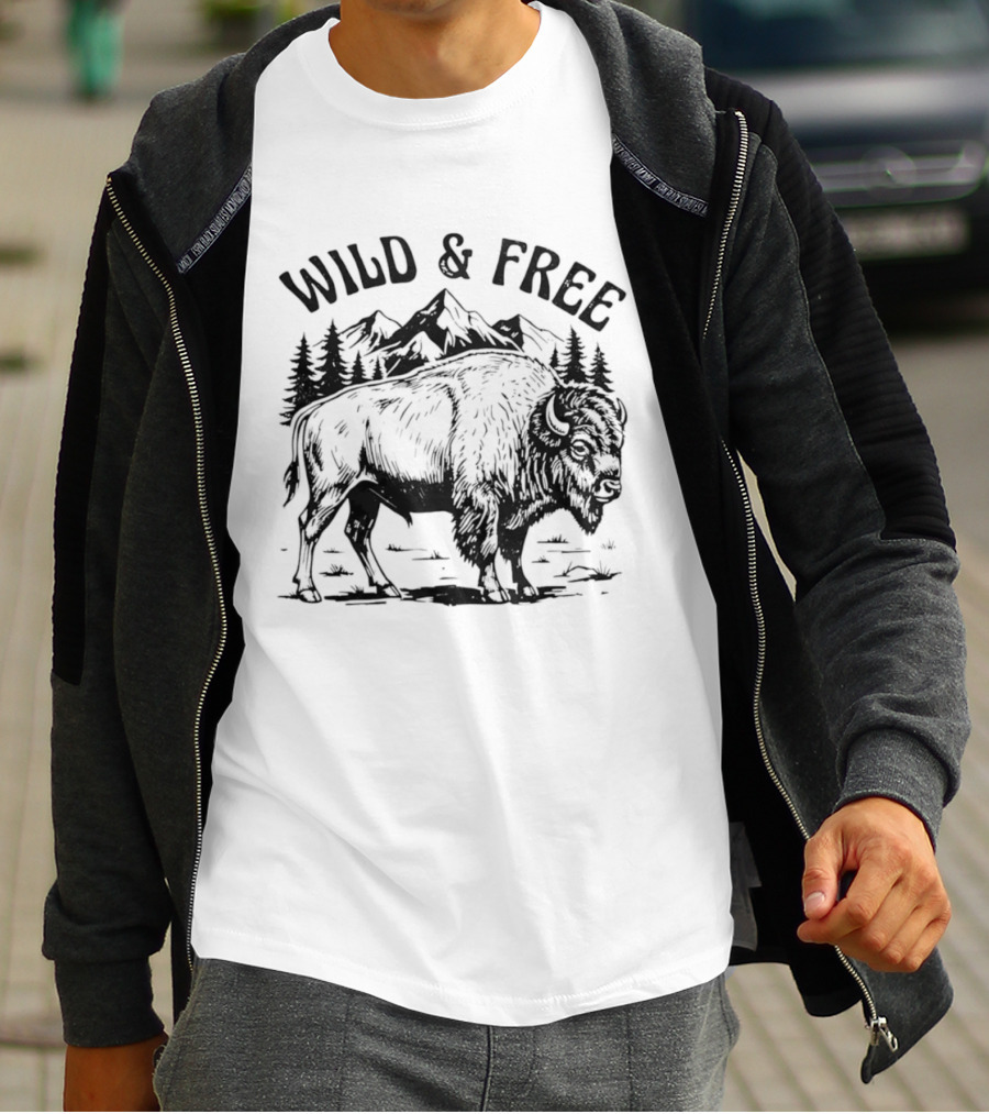 Wild And Free Bison With Mountain And Forest Scene T-Shirt