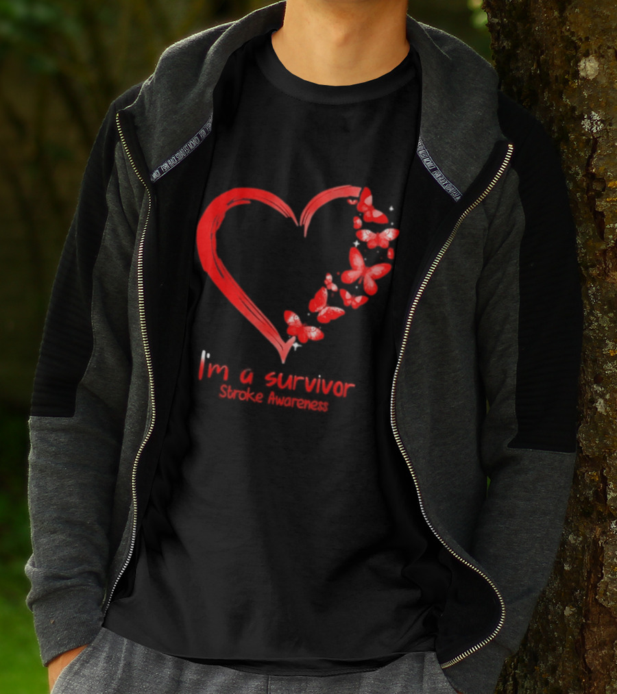 I'm A Survivor Stroke Awareness Heart And Red Butterflies T-Shirt
