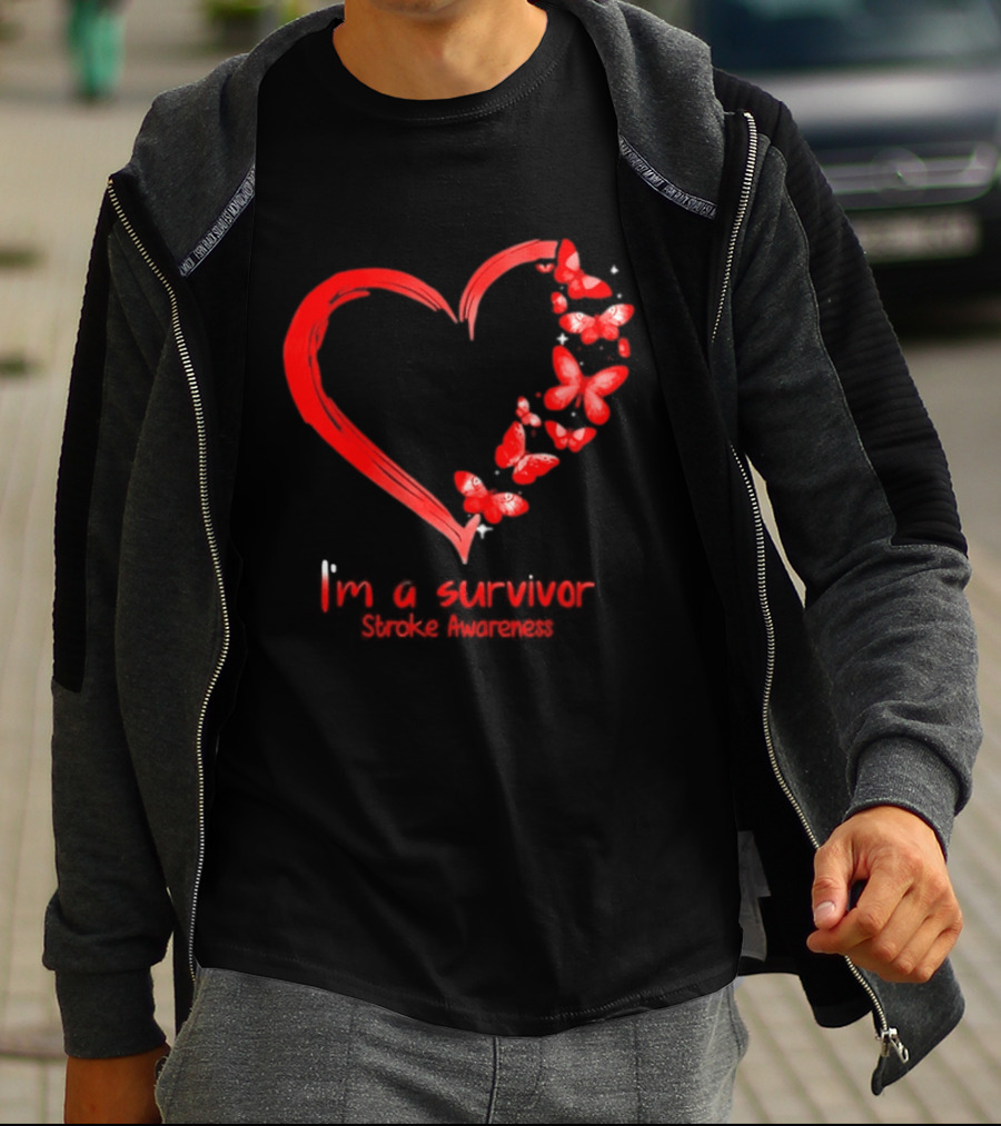 I'm A Survivor Stroke Awareness Heart And Red Butterflies T-Shirt