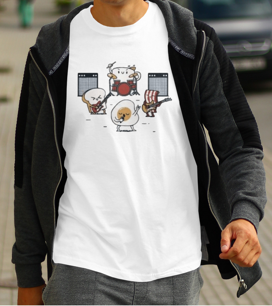 Breakfast Food Band Music Egg Bacon Toast Drumming And Guitar T-Shirt
