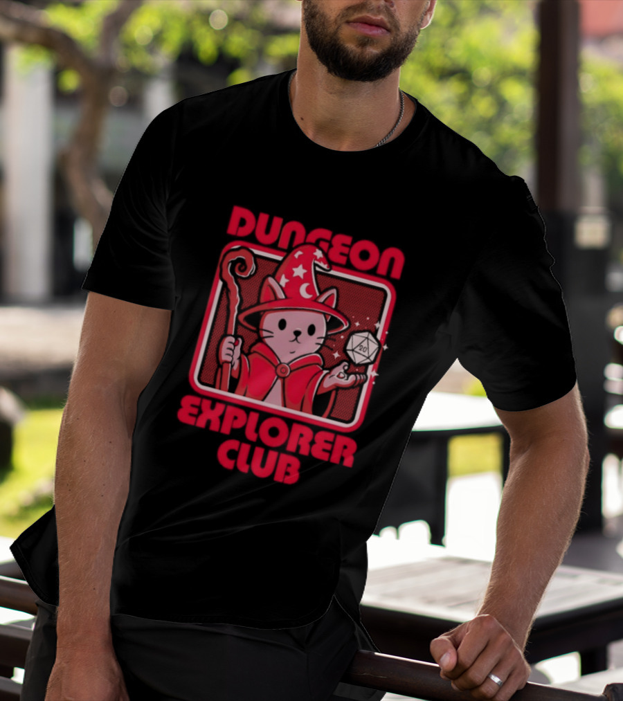 Dungeon Explorer Club Wizard Cat With D20 Dice Magic Wand T-Shirt