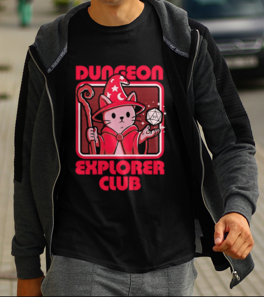 Dungeon Explorer Club Wizard Cat With D20 Dice Magic Wand T-Shirt