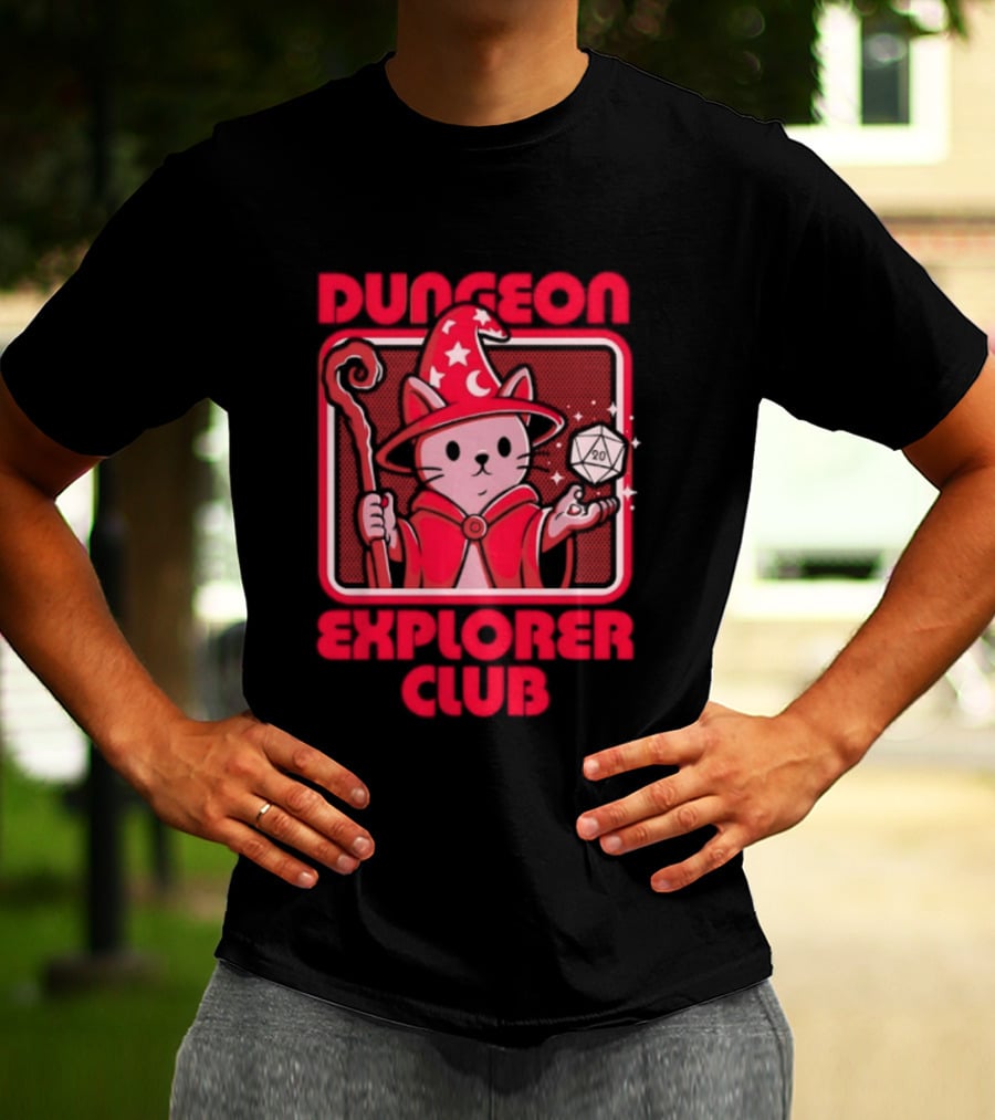 Dungeon Explorer Club Wizard Cat With D20 Dice Magic Wand T-Shirt