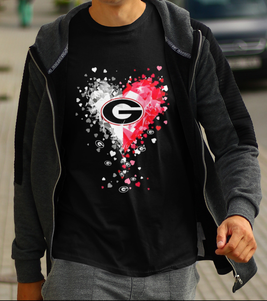 Georgia Bulldogs Heart Shaped Red And White Gemstone T-Shirt