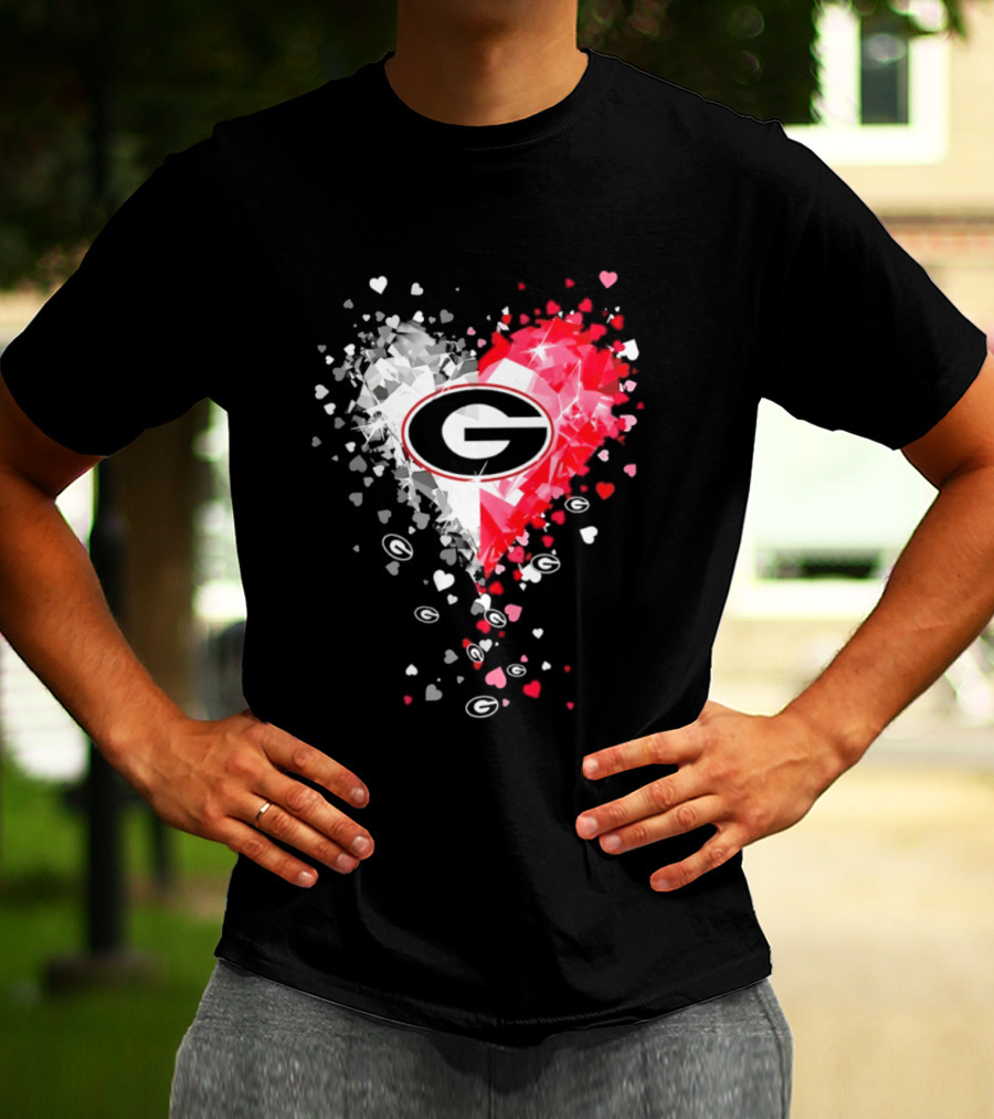 Georgia Bulldogs Heart Shaped Red And White Gemstone T-Shirt