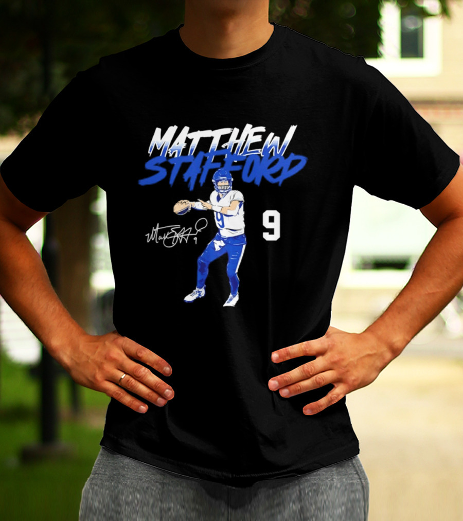 Matthew Stafford 9 Autograph Los Angeles Rams Quarterback Action Pose T-Shirt