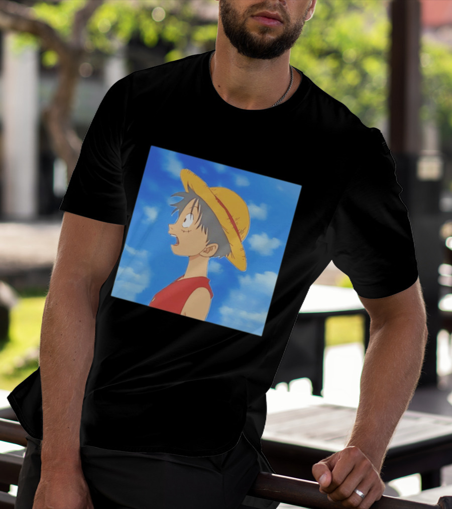 Monkey D Luffy Sky Gazing Red Vest Yellow Straw Hat Anime Scene Clouds Blue Sky T-Shirt