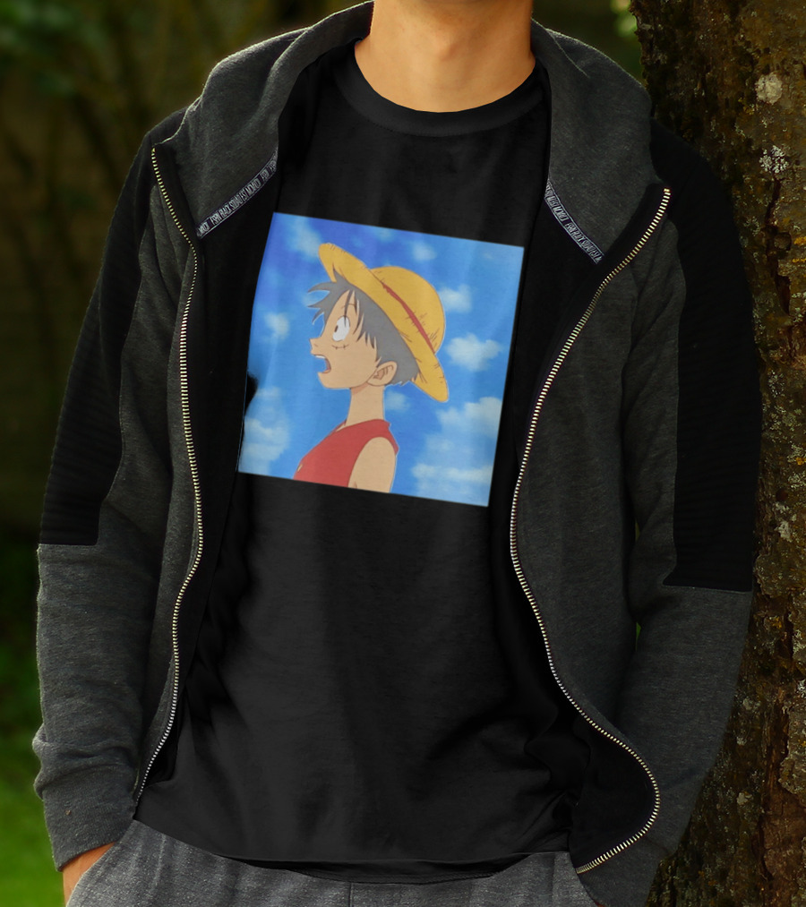 Monkey D Luffy Sky Gazing Red Vest Yellow Straw Hat Anime Scene Clouds Blue Sky T-Shirt