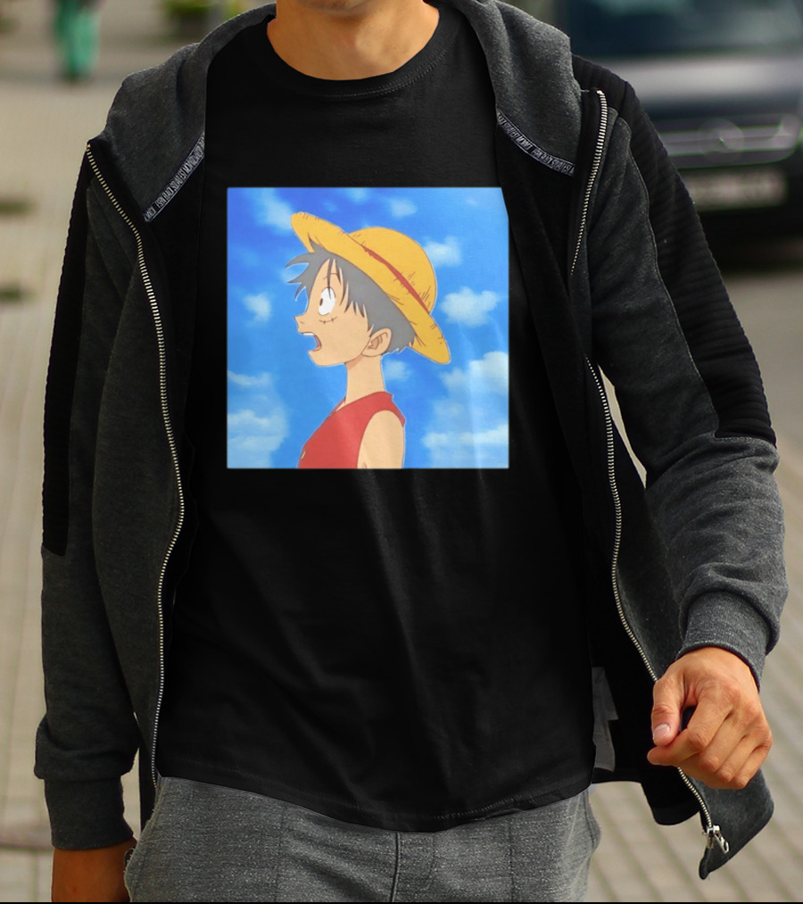 Monkey D Luffy Sky Gazing Red Vest Yellow Straw Hat Anime Scene Clouds Blue Sky T-Shirt