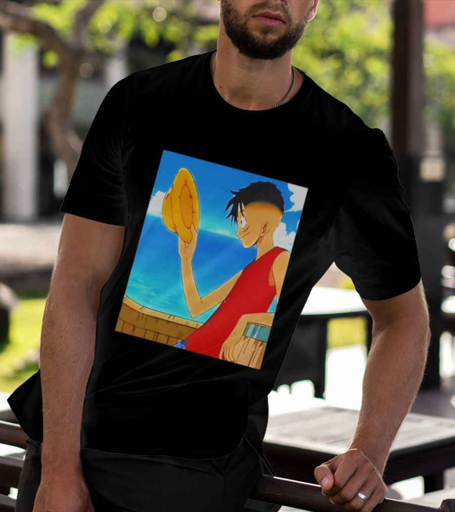 One Piece Luffy Taper Fade Anime Manga Straw Hat Ocean Scene T-Shirt