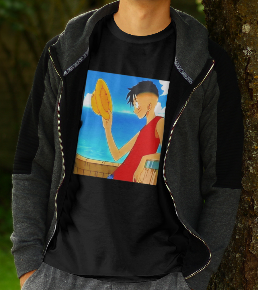 One Piece Luffy Taper Fade Anime Manga Straw Hat Ocean Scene T-Shirt