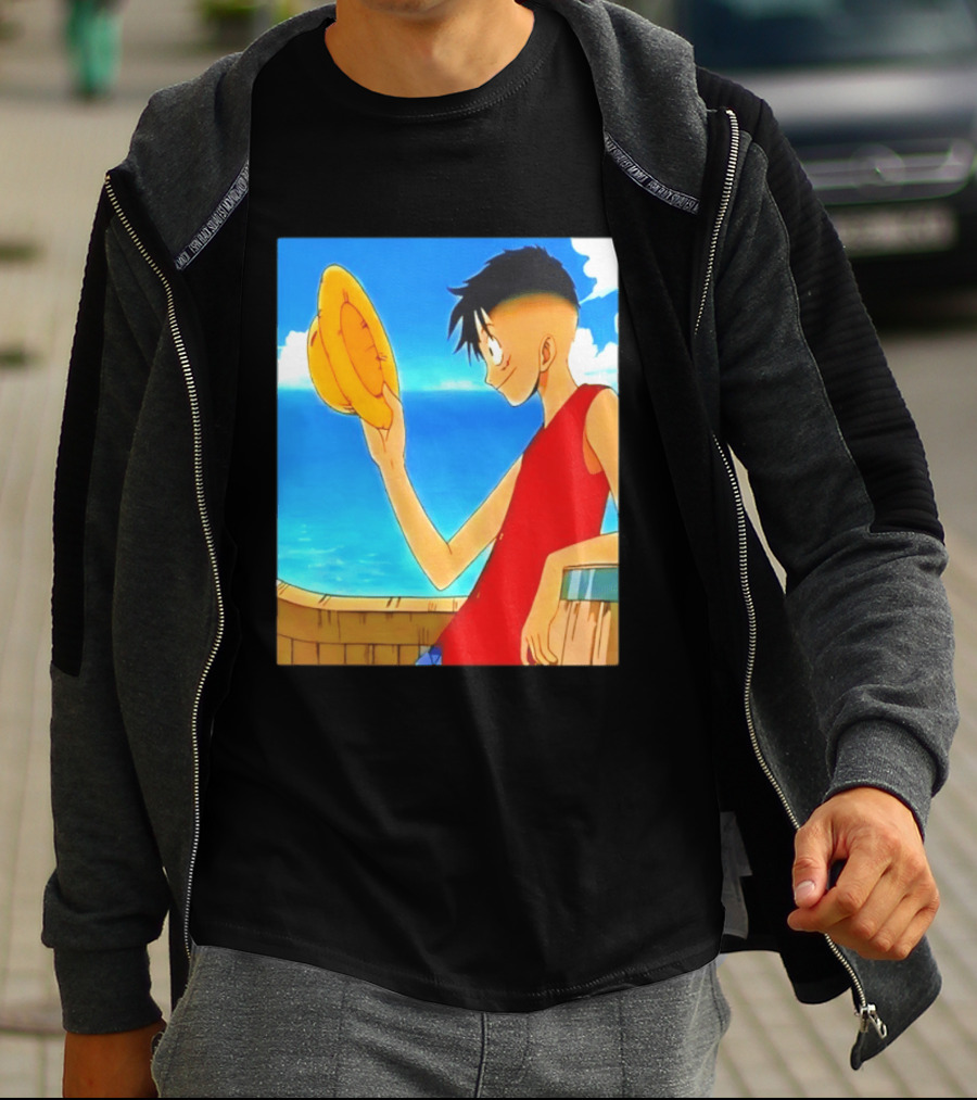 One Piece Luffy Taper Fade Anime Manga Straw Hat Ocean Scene T-Shirt