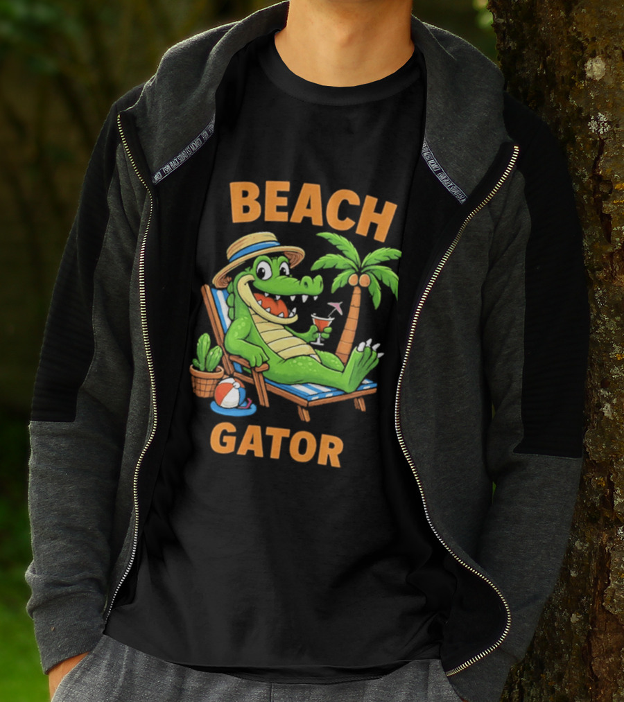 Beach Gator Tropical Alligator Vacation Relaxing With Cocktail Palm Tree T-Shirt