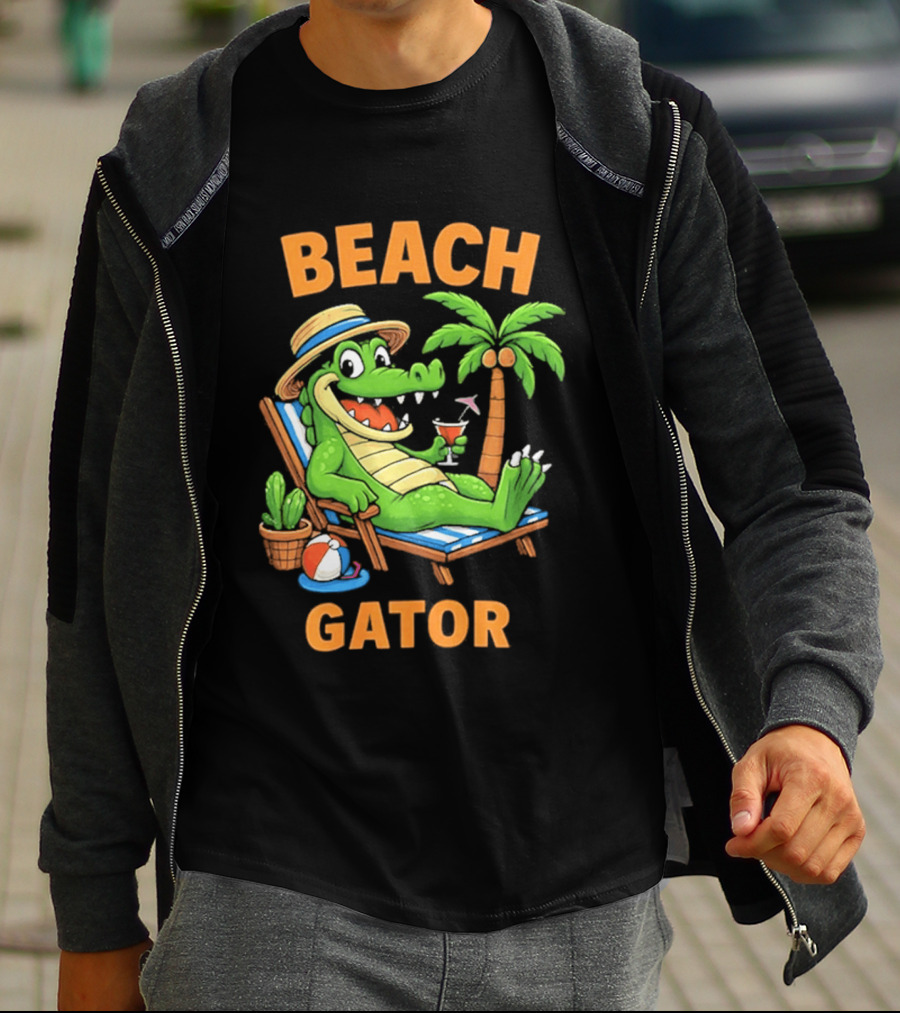 Beach Gator Tropical Alligator Vacation Relaxing With Cocktail Palm Tree T-Shirt