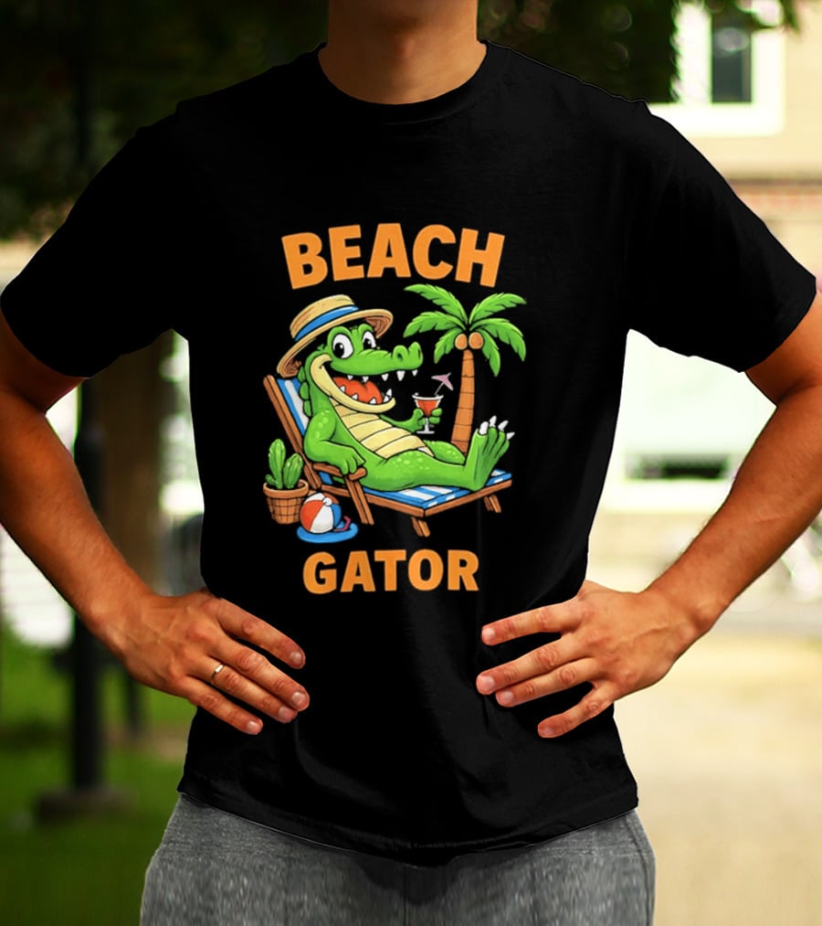 Beach Gator Tropical Alligator Vacation Relaxing With Cocktail Palm Tree T-Shirt