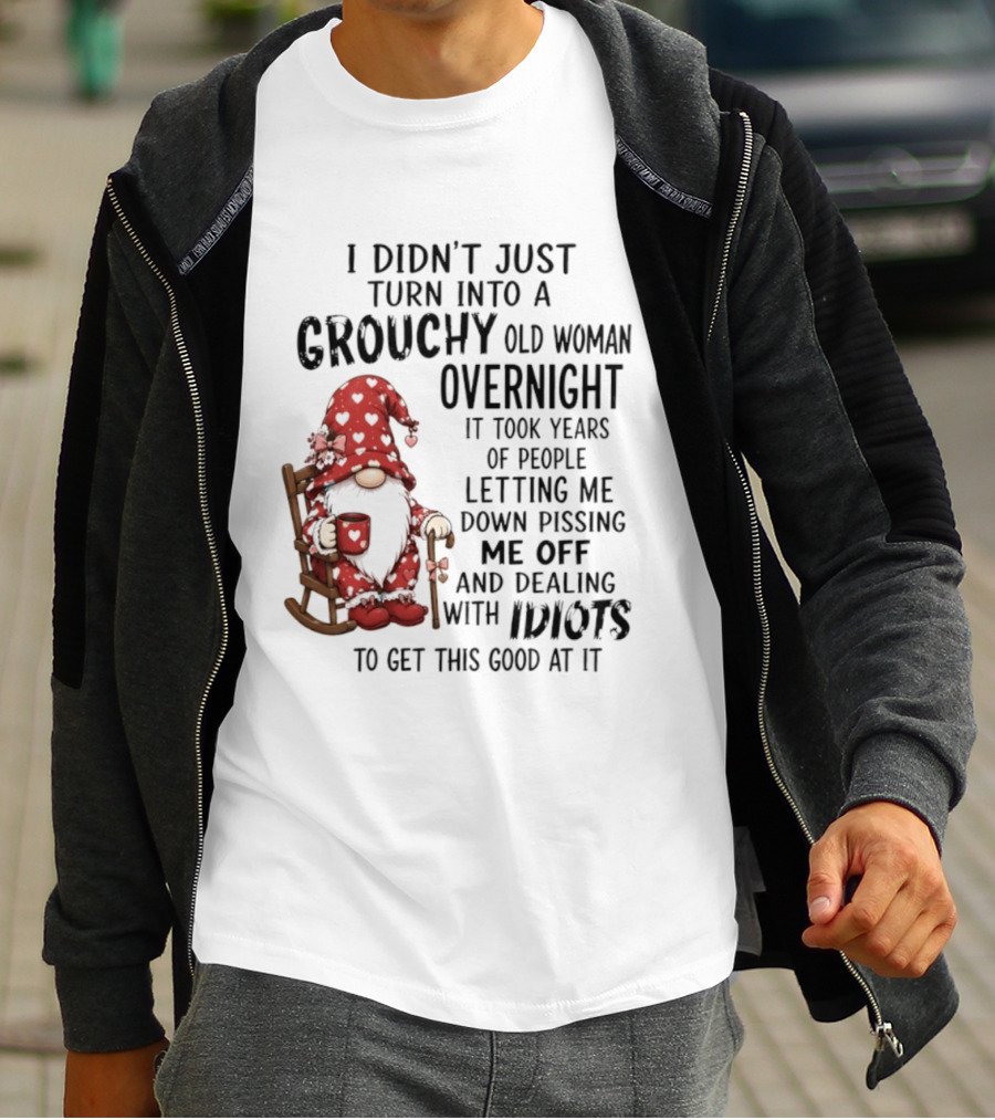 I Didn't Just Turn Into A Grouchy Old Woman Overnight Gnome Humor It Took Years Of People Letting Me Down Pissing Me Off And Dealing With Idiots T-Shirt