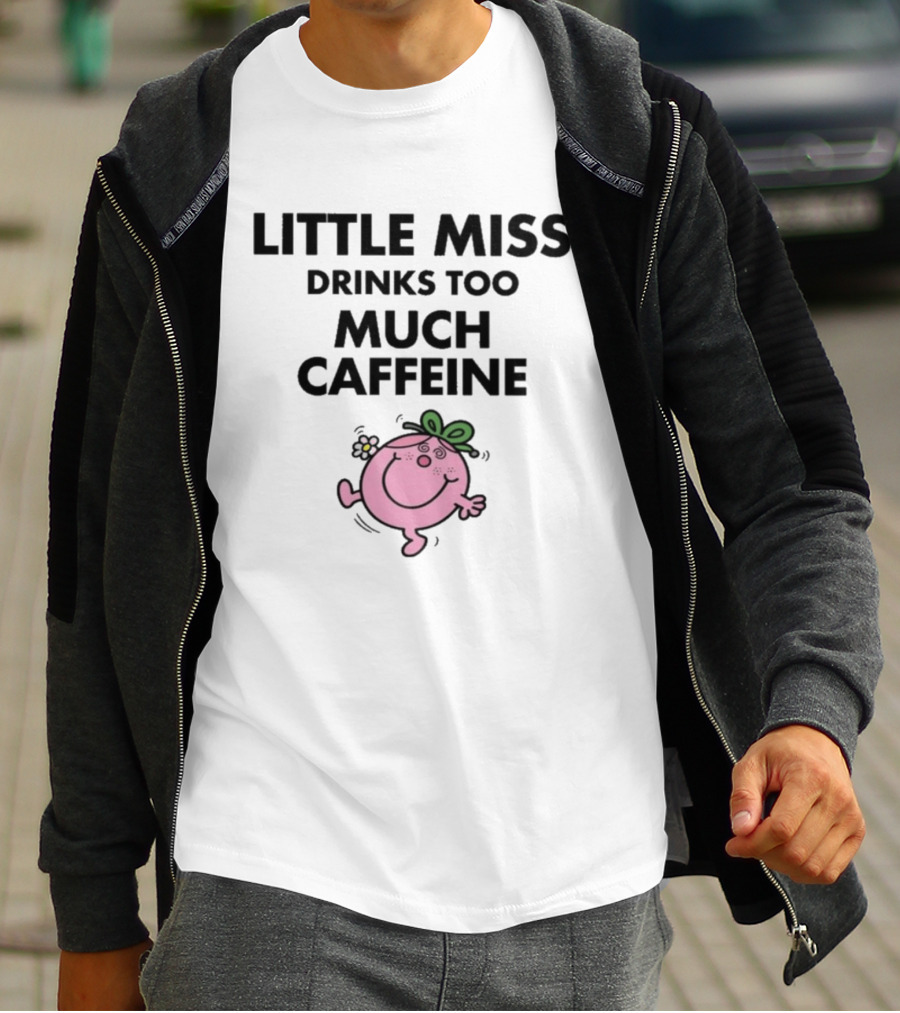 Little Miss Drinks Too Much Caffeine Pink Character With Green Bow T-Shirt
