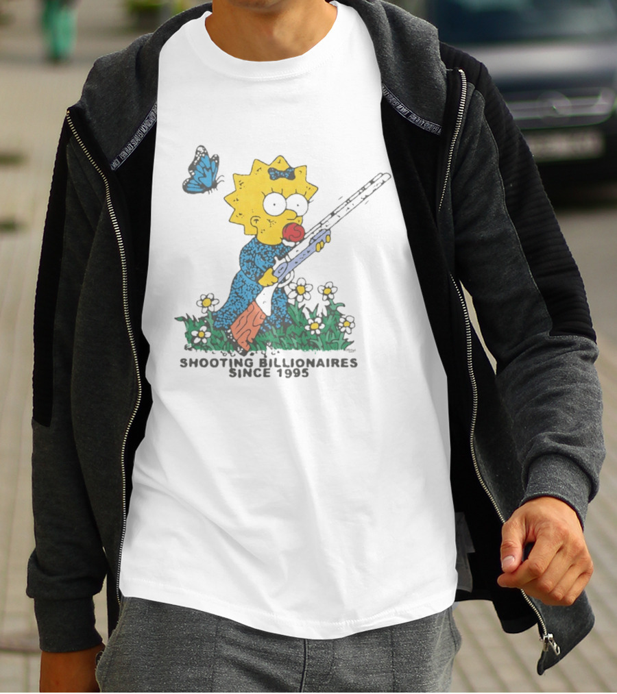 Maggie Simpson Shooting Billionaires Butterfly And Flowers Since 1995 T-Shirt