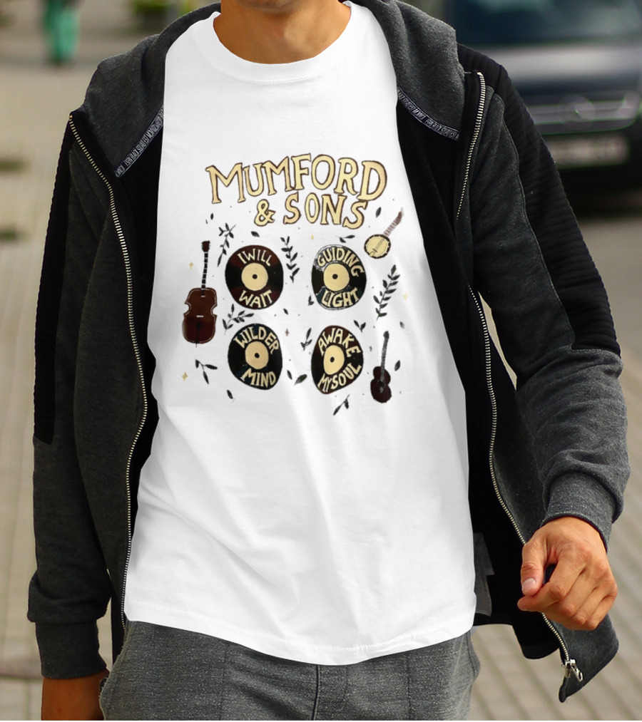Mumford And Sons I Will Wait Guiding Light Wilder Mind Awake My Soul Vinyl Record Banjo Guitar T-Shirt