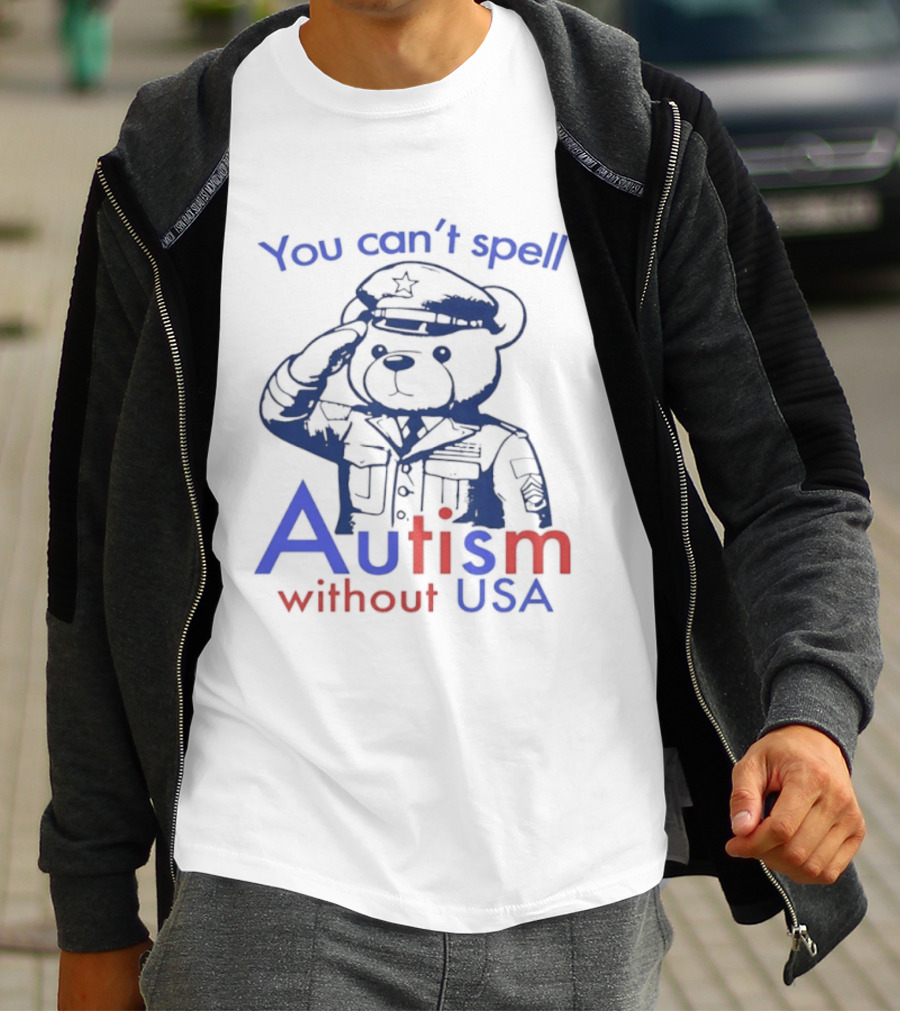 Patriotic Bear Saluting With You Can't Spell Autism Without USA T-Shirt