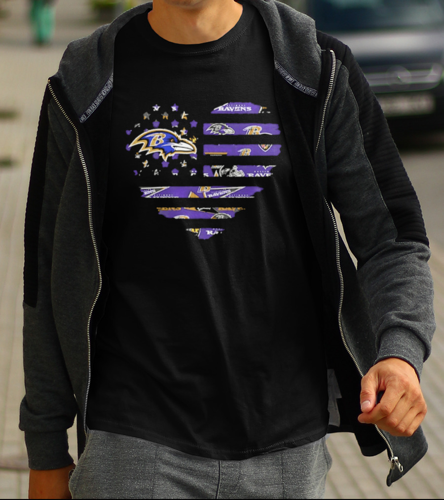 Baltimore Ravens 2026 Season American Flag Heart Ravens Logo Stars Stripes T-Shirt