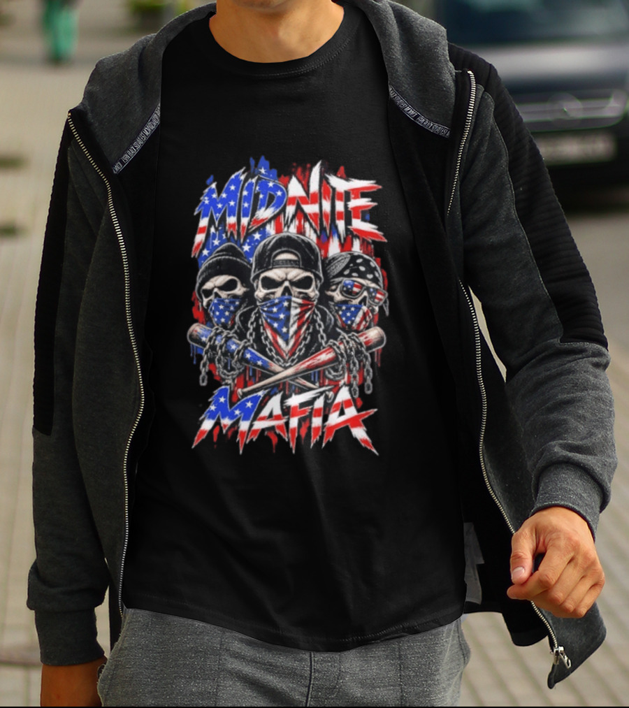Midnite Mafia Skulls American Flag Bandanas Baseball Bats Chains T-Shirt