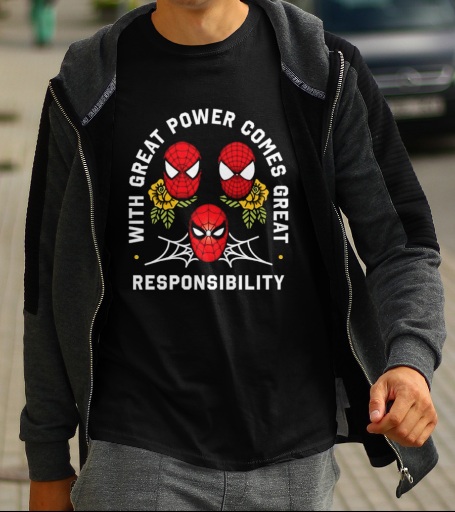 With Great Power Comes Great Responsibility Spider Man Masks Webs Flowers T-Shirt