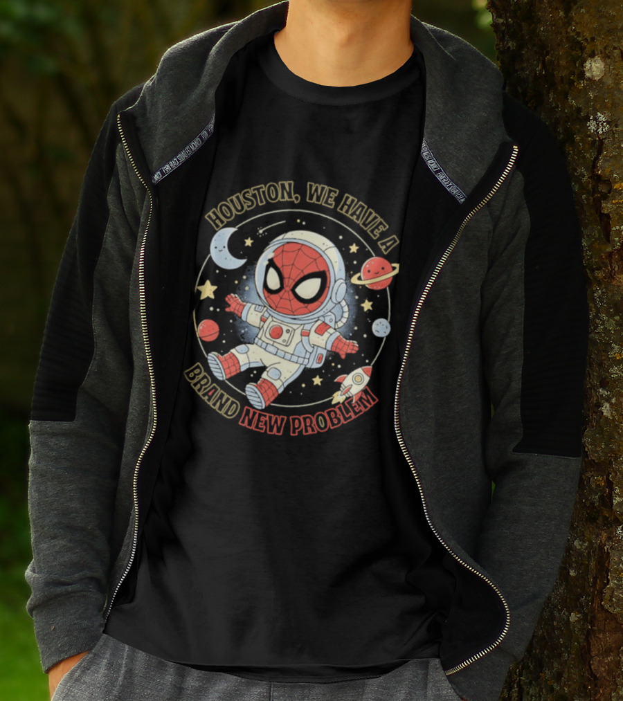 Houston We Have A Brand New Problem Spider Man Astronaut Moon Stars Planets T-Shirt