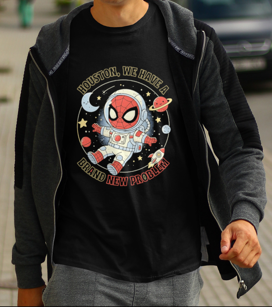 Houston We Have A Brand New Problem Spider Man Astronaut Moon Stars Planets T-Shirt