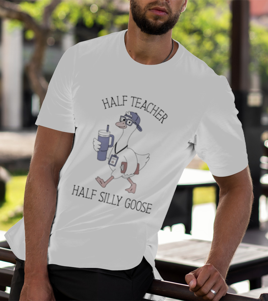 Half Teacher Half Silly Goose Funny Cartoon Duck With Coffee And School Supplies T-Shirt