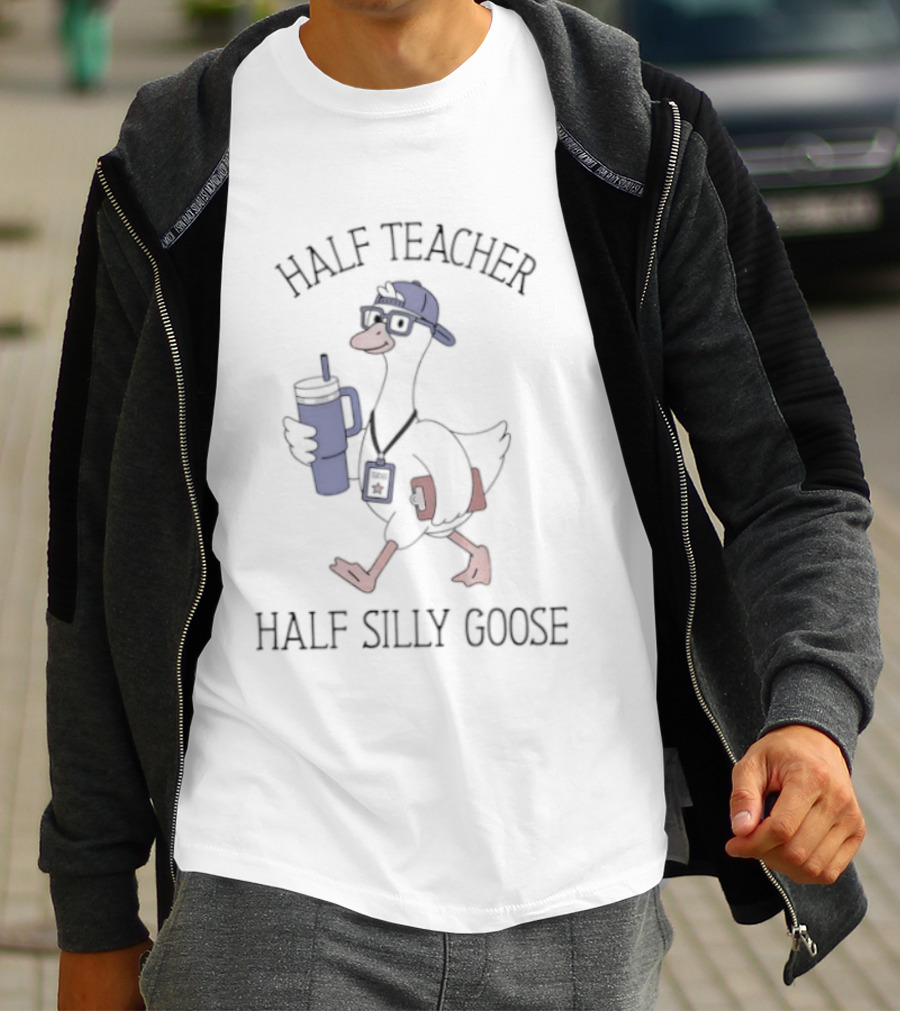 Half Teacher Half Silly Goose Funny Cartoon Duck With Coffee And School Supplies T-Shirt