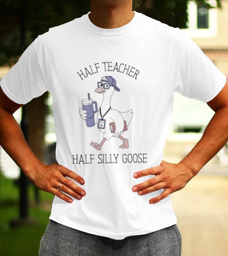 Half Teacher Half Silly Goose Funny Cartoon Duck With Coffee And School Supplies T-Shirt