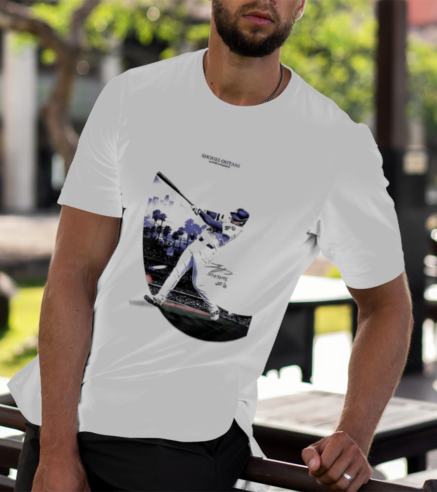Shohei Ohtani 17 Los Angeles Angels MLB Slugger Swing Two Sided T-Shirt