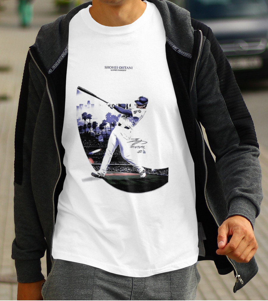 Shohei Ohtani 17 Los Angeles Angels MLB Slugger Swing Two Sided T-Shirt
