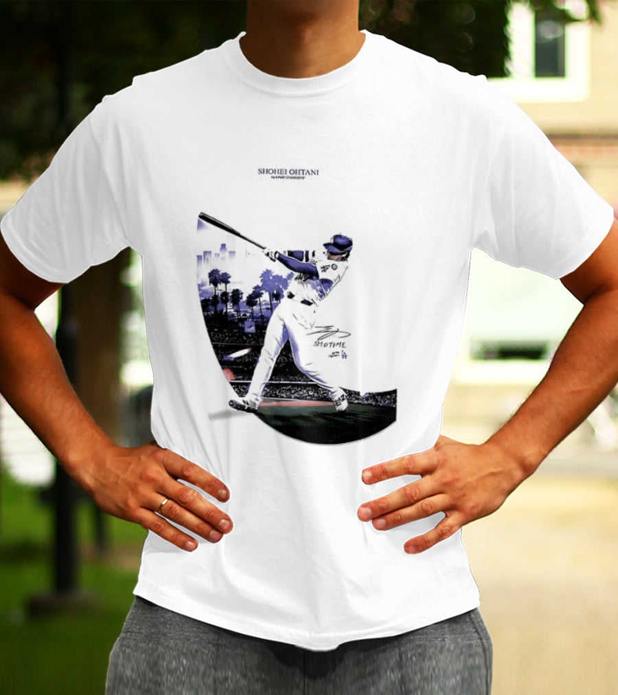 Shohei Ohtani 17 Los Angeles Angels MLB Slugger Swing Two Sided T-Shirt