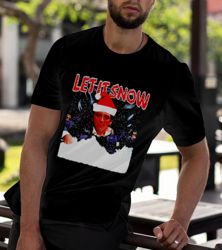 Let It Snow Al Pacino Scarface Tony Montana Snowflakes Santa Hat T-Shirt