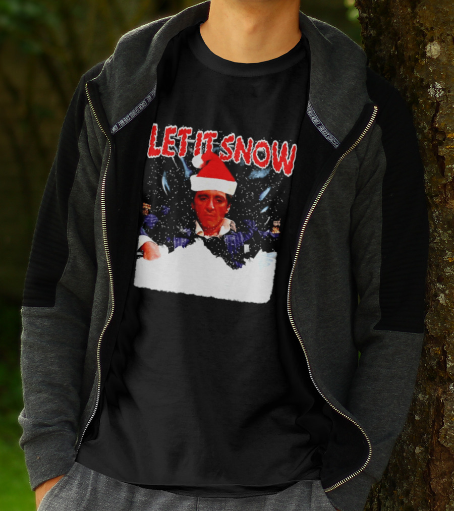 Let It Snow Al Pacino Scarface Tony Montana Snowflakes Santa Hat T-Shirt