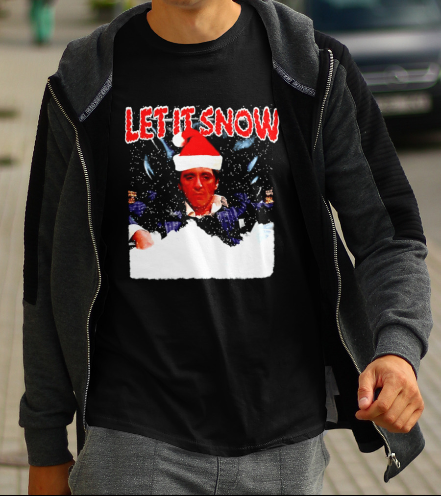 Let It Snow Al Pacino Scarface Tony Montana Snowflakes Santa Hat T-Shirt