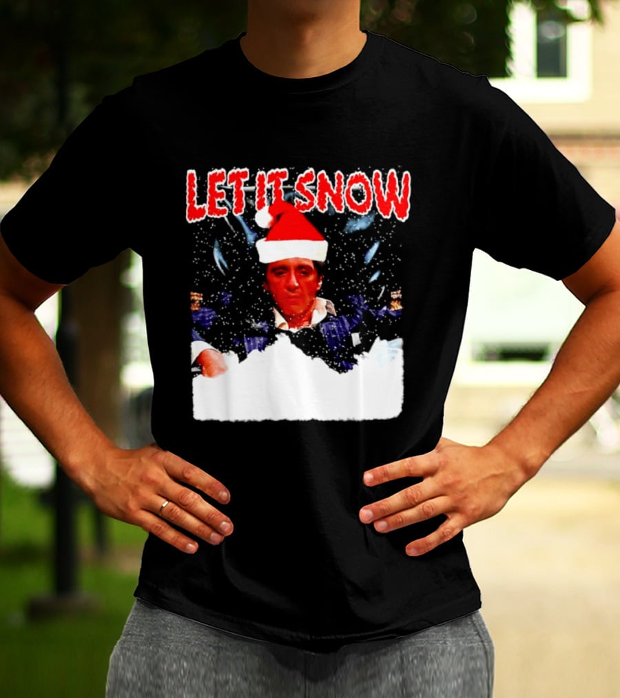 Let It Snow Al Pacino Scarface Tony Montana Snowflakes Santa Hat T-Shirt