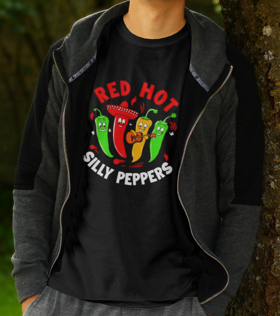 Red Hot Silly Peppers Band With Colorful Chili Cartoon Characters Playing Guitar T-Shirt