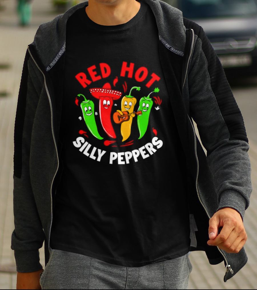 Red Hot Silly Peppers Band With Colorful Chili Cartoon Characters Playing Guitar T-Shirt