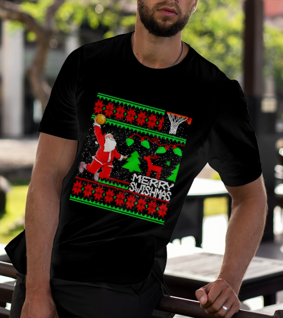Santa Claus Dunking Basketball Ugly Christmas Sweater Merry Swishmas T-Shirt