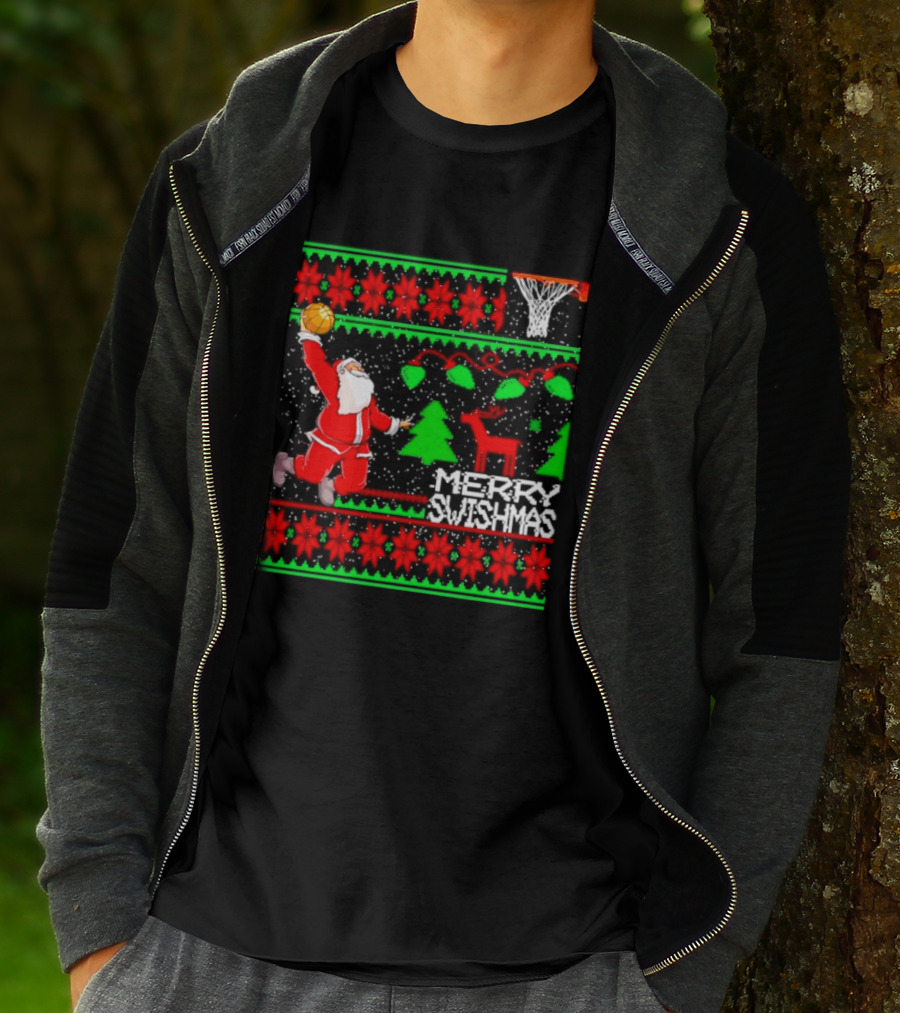 Santa Claus Dunking Basketball Ugly Christmas Sweater Merry Swishmas T-Shirt