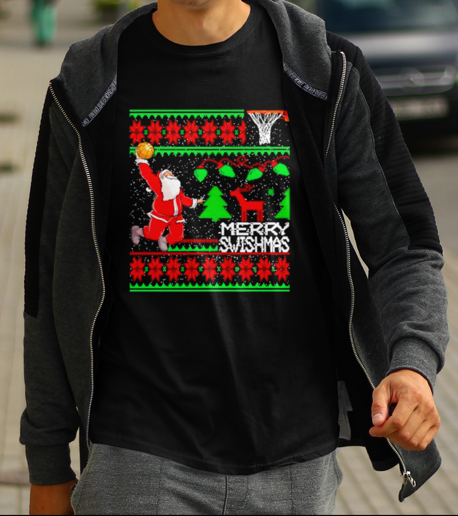 Santa Claus Dunking Basketball Ugly Christmas Sweater Merry Swishmas T-Shirt