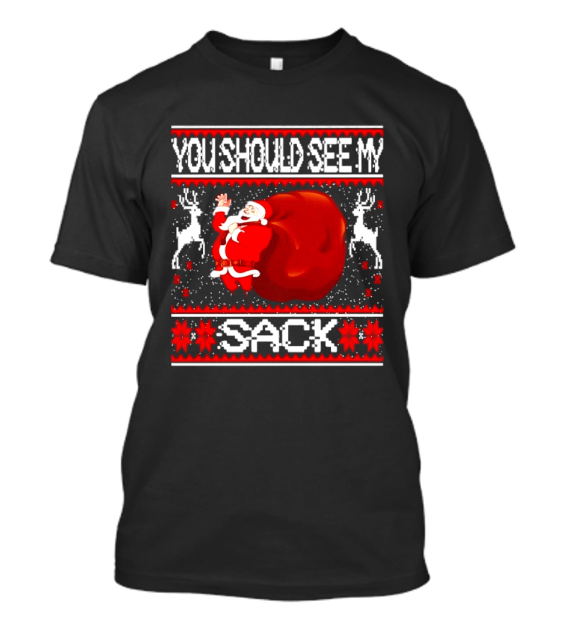 You Should See My Sack Santa Claus Ugly Christmas Reindeer Snowflakes T-Shirt