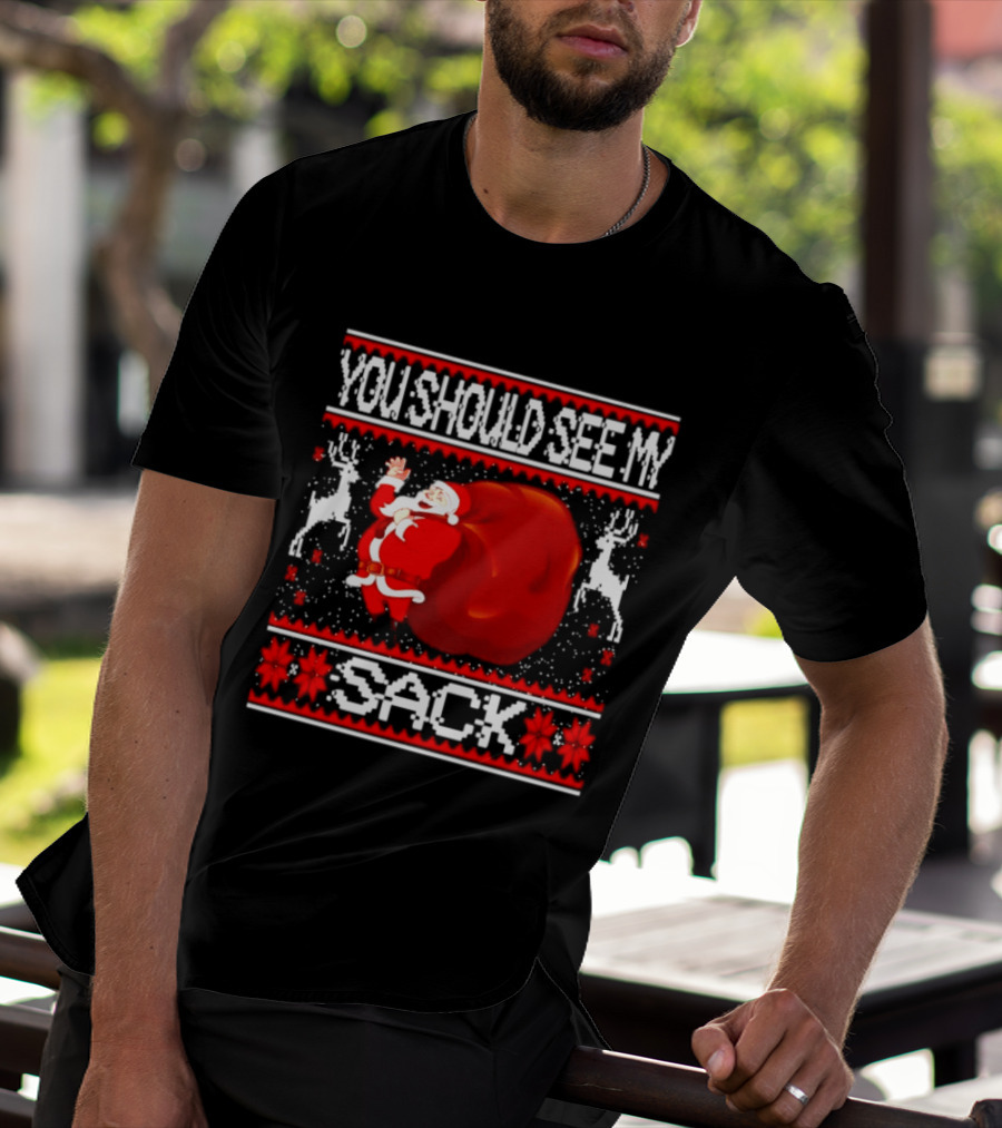 You Should See My Sack Santa Claus Ugly Christmas Reindeer Snowflakes T-Shirt