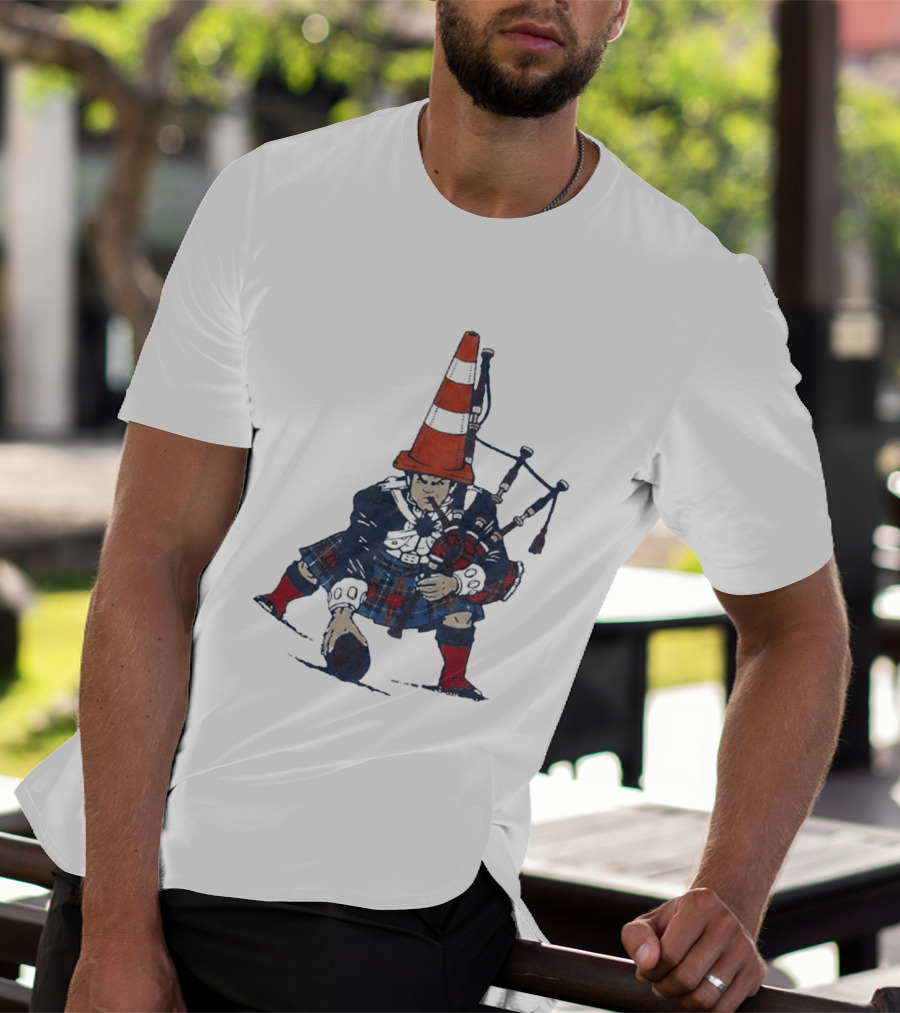 Bagpipes Player With Traffic Cone Hat Scottish Kilt Outfit T-Shirt