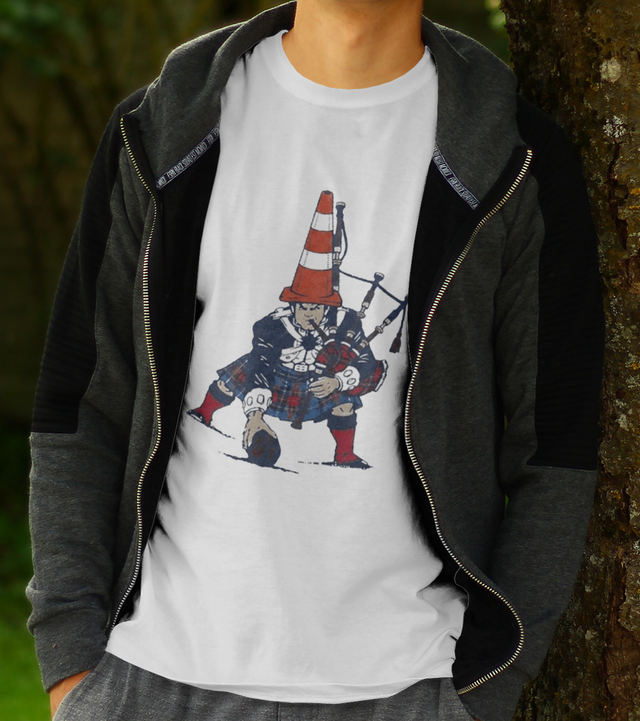 Bagpipes Player With Traffic Cone Hat Scottish Kilt Outfit T-Shirt