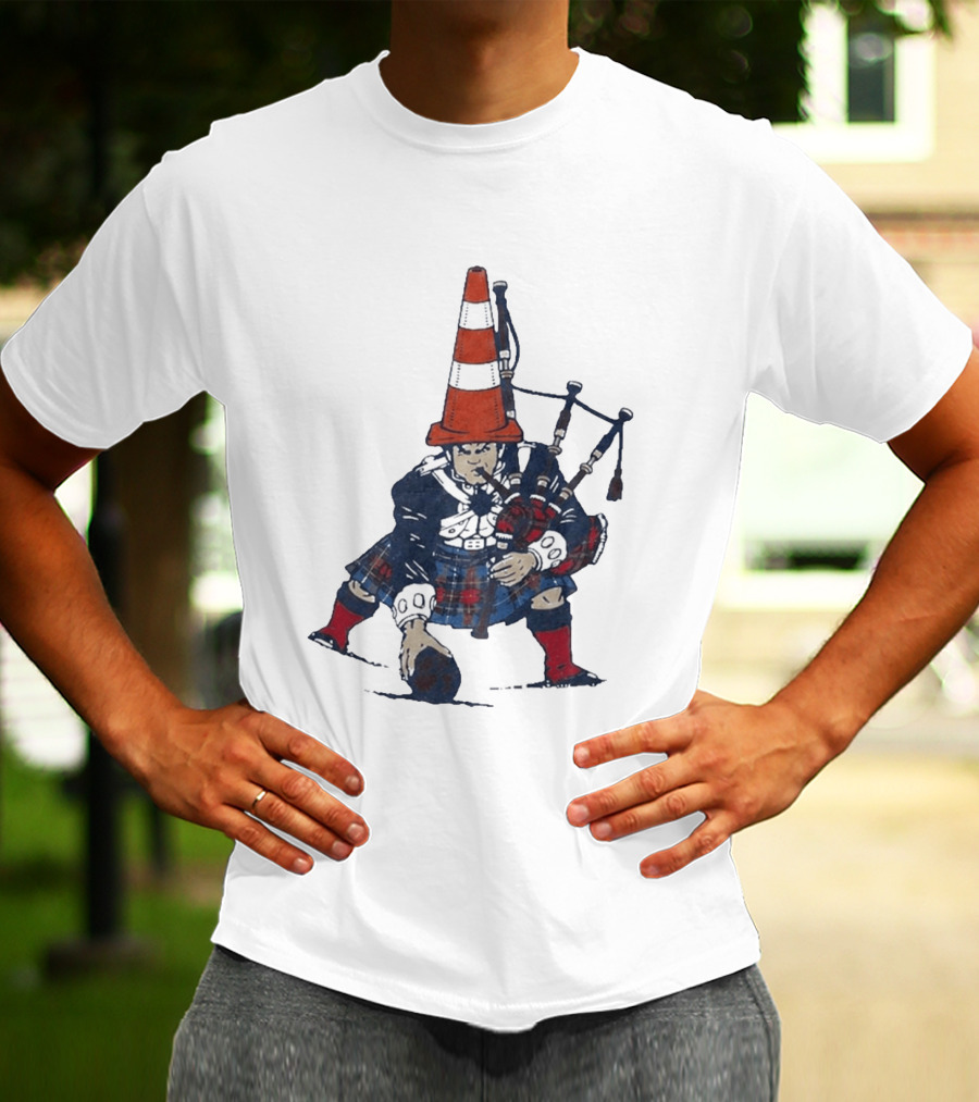 Bagpipes Player With Traffic Cone Hat Scottish Kilt Outfit T-Shirt
