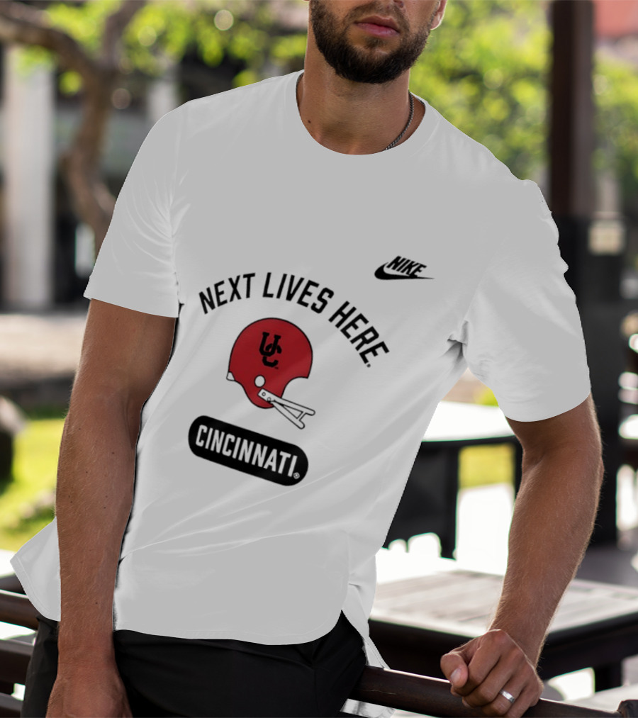 Next Lives Here Cincinnati UC Football Helmet Nike T-Shirt
